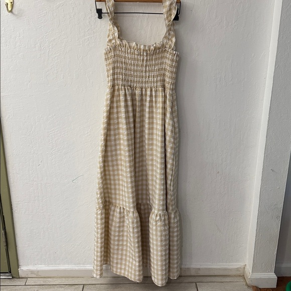 Ruffle Plaid Gingham Long Dress Shirred Stretchy Strap Flowy Retro Dress Beige - Picture 5 of 7